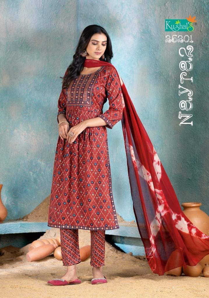 Nayra 2 By Kushals Rayon Printed Naira Cut Kurti With Bottom Dupatta

